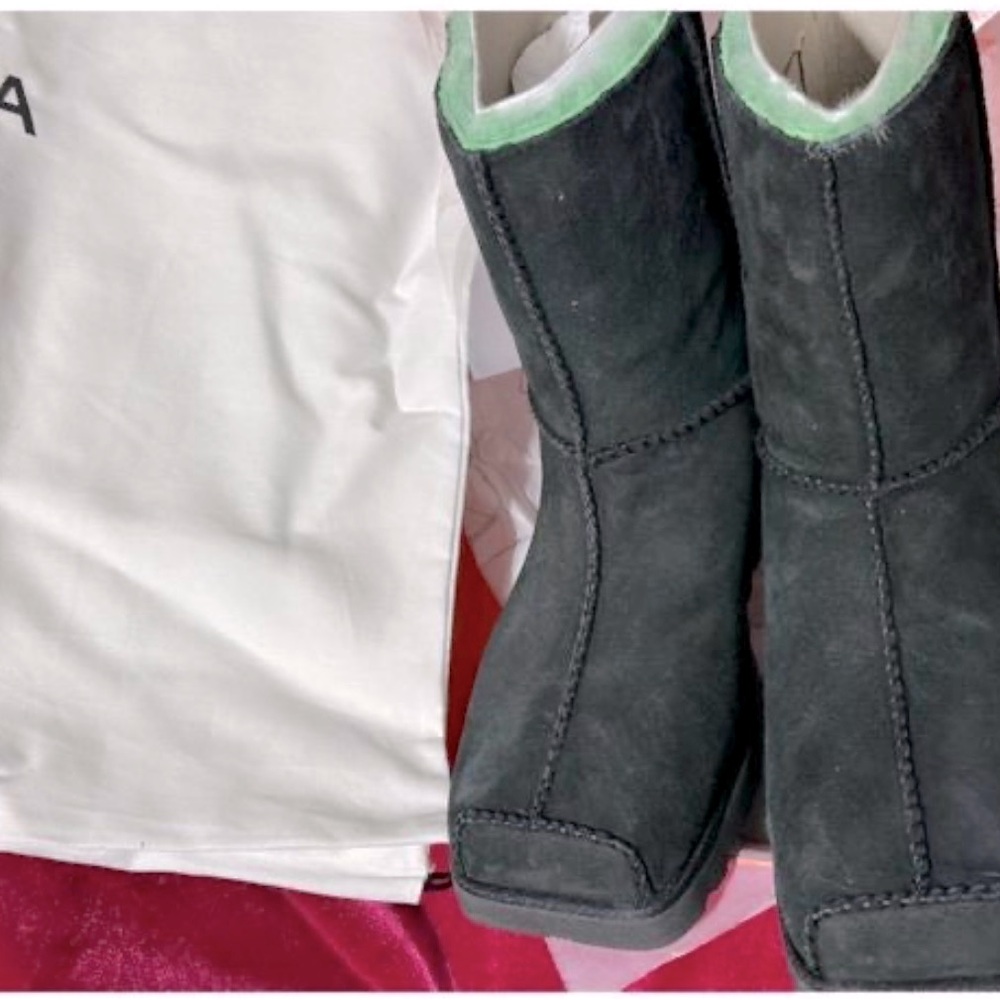 UGG BLOCK BOOT BLACK LEATHER ECKHAUS LATTA SHEARLING WOMEN'S BOOTS SIZE US 6